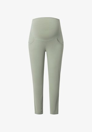 Leggings de maternidad de color verde claro con cintura alta y de soporte, y bolsillos frontales, diseñados para la comodidad durante el embarazo.