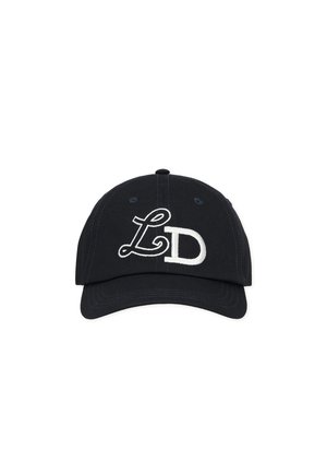 Tumesinine baseballikork, mis on valmistatud puuvillast, esiküljel valge tikandiga "LD" logo, kaarjas äärega ja taga kohandatav rihm.