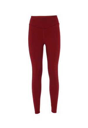 Leggings bordeaux con vita alta, realizzati in tessuto elastico, caratterizzati da una superficie liscia e un design aderente che si estende fino alle caviglie.