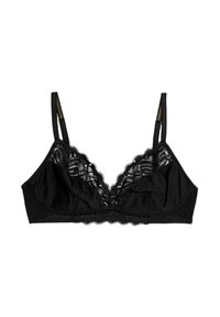 Zwarte bralette van zachte stof met kanten afwerking, gestippeld textuur en verstelbare bandjes. Heeft gegolfde randen en gestructureerde cups.