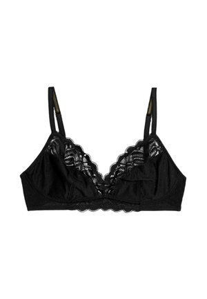 Zwarte bralette van zachte stof met kanten afwerking, gestippeld textuur en verstelbare bandjes. Heeft gegolfde randen en gestructureerde cups.