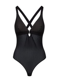 Czarny kostium kąpielowy w pasy z przezroczystymi pionowymi liniami, krzyżującymi się ramiączkami i detalem w formie otworu na przodzie. Elegancki fason w stylu bodysuit.