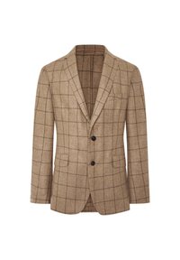 Blazer a quadri marrone realizzato in tessuto testurizzato. Presenta un rever a punta, due bottoni e due tasche frontali. Vestibilità su misura.