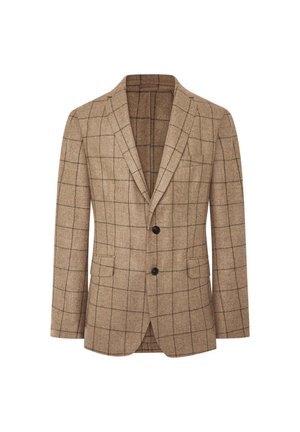 Brun rutig blazer gjord av texturerat tyg. Har en notchsnibb, två knappar och två framfickor. Skräddarsydd passform.