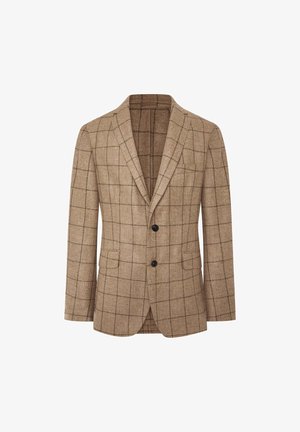 Brun rutig blazer gjord av texturerat tyg. Har en notchsnibb, två knappar och två framfickor. Skräddarsydd passform.