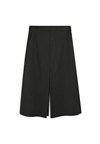 Sort midi nederdel med lige snit, der har forlommer og en slids i kanten. Fremstillet af glat, let stof med et minimalistisk design.