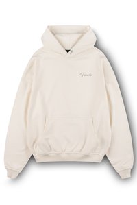 Sweat à capuche de couleur crème en tissu doux, avec une poche kangourou à l'avant, des poignets côtelés et un petit logo brodé sur la poitrine.