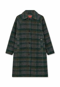Karierten Wollmantel in Grau und Grün mit braunen Knöpfen, offenem Kragen, seitlichen Taschen und knielangem Design. Weicher Stoff und Karomuster.