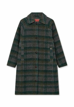 Plaid wool coat in gray and green with brown buttons, an open collar, side pockets, and a knee-length design. Soft texture and check pattern.