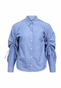 Chemise rayée bleu et blanc avec un col classique, dotée de manches froncées avec des liens. Elle comporte une poche poitrine unique et une fermeture boutonnée à l'avant.