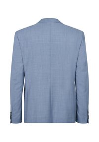 Hellblaues Sakko aus strukturiertem Stoff. Einfaches Design mit Reverskragen und Akzenten mit drei Knöpfen an den Ärmeln.