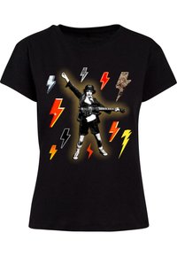 Svart bomull t-skjorte med et trykk av en musiker med gitar, omgitt av fargerike lyn-design i rødt, gult og grått.