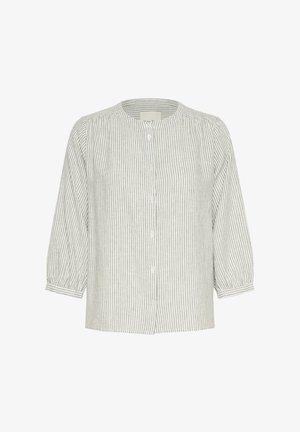 Striped button-up shirt in light gray and white, featuring a round neckline, 3/4 sleeves, and gathered detailing on shoulders.