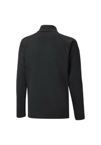 Maglietta nera a maniche lunghe con colletto alto, maniche raglan, texture liscia e design semplice. Nessun logo o motivo visibile.