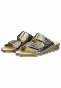 Metallisch bronze Farbene Rutschsandalen mit zwei breiten Riemen; strukturierte Oberseite, offenes Zehendesign, gepolsterte Innensohle und flache Sohle.