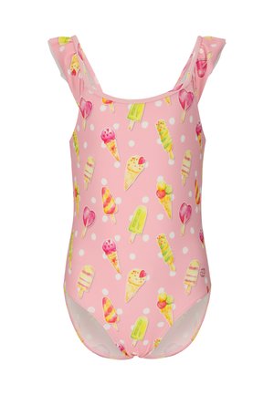 Vaaleanpunainen yhtenäinen uimahousu, jossa on röyhelöiset olkahihnat ja värikkäitä jäätelö- ja mehujääkuvioita sekä valkoisia pilkkuja.