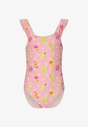 Maillot de bain une pièce rose avec bretelles à volants ornées de motifs colorés de glaces et de sucettes glacées, et des pois blancs.