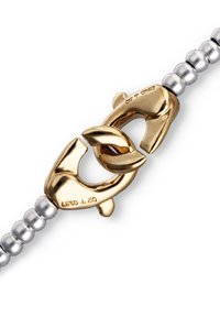 Cierre de metal con tono dorado y diseño curvo, acompañado de cuentas plateadas. Presenta una textura suave y acabado brillante. Detalles notables incluyen grabado de la marca.