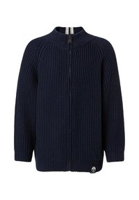 Cárdigan de punto azul marino con cuello alto, textura acanalada y cremallera de largo completo. Incluye un pequeño parche con logo en la parte inferior.
