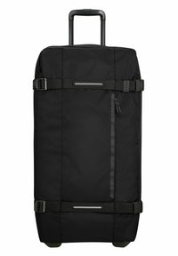 Svart hjulväska med rektangulär form, utrustad med ett utdragbart handtag, sidstropp, framficka med dragkedja och texturerad tyg.