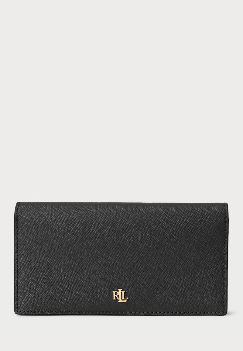 Juodas odinis piniginė su tekstūruota paviršiumi, su auksiniu logotipu priekyje ir klasikinė stačiakampio forma.