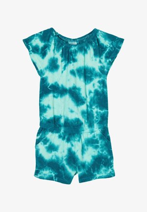 Niebiesko-zielony kombinezon tie-dye z krótkimi rękawami, elastyczną talią i bocznymi kieszeniami. Wykonany z miękkiego materiału o płynnej teksturze.