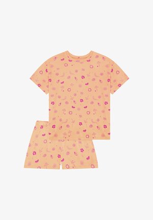 Hellorangefarbenes Pyjama-Set mit kurzärmligem Oberteil und Shorts, verziert mit pinken, tropisch inspirierten Mustern wie Blumen und Früchten.