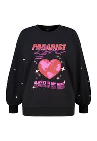 Zwarte sweatshirt met een roze hart en wereldbol grafiek met de tekst "PARADISE LOVE". Lange mouwen met hartvormige accenten. Zacht materiaal.