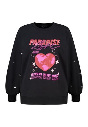 Zwarte sweatshirt met een roze hart en wereldbol grafiek met de tekst "PARADISE LOVE". Lange mouwen met hartvormige accenten. Zacht materiaal.