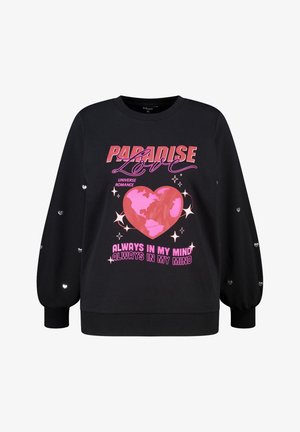Sweat-shirt noir avec un graphique de cœur rose et de globe, accompagné du texte "PARADISE LOVE". Manches longues avec des accents en forme de cœur. Matériau doux.