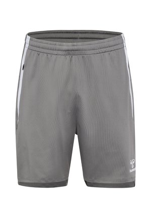Grijze sportschoenen gemaakt van lichtgewicht stof, met een gestructureerd oppervlak, elastische tailleband en witte zijstrepen. Hummel-logo weergegeven.