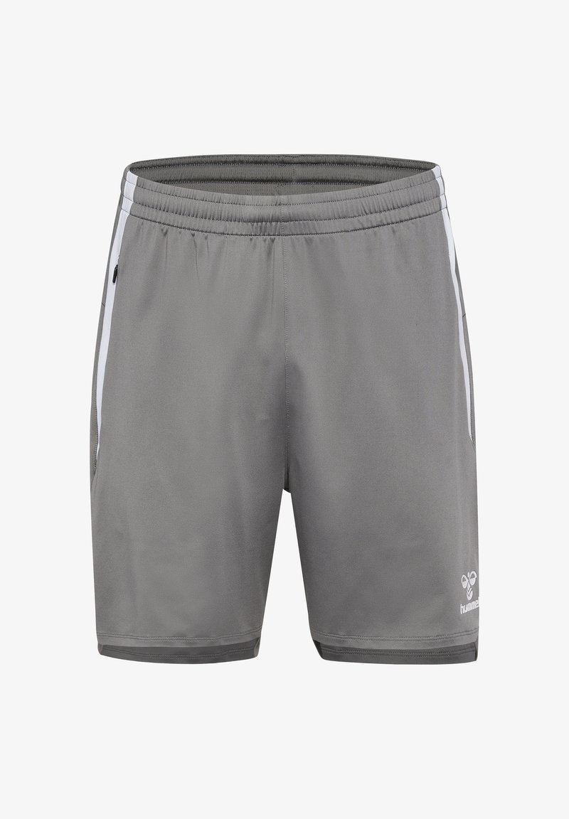 Pantaloni sportivi grigi realizzati in un tessuto leggero, con una superficie testurizzata, vita elastica e strisce laterali bianche. Logo Hummel esposto.