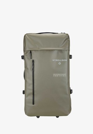 Grüner wasserdichter Rucksack mit glatter Textur, ausgestattet mit einem Handgriff oben, verstellbaren Trägern und mehreren mit Reißverschluss versehenen Fächern.