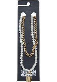 Collier en chaîne dorée avec des brins de fausses perles et un pendentif en forme de cadenas. Présenté sur une carte noire portant le logo "URBAN CLASSICS" en blanc.