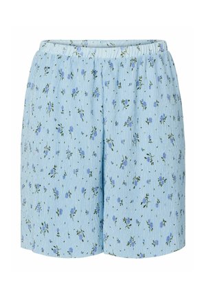 Pantaloncini azzurri chiaro con vita elastica, piccolo motivo floreale viola e verde e righe verticali testurate.