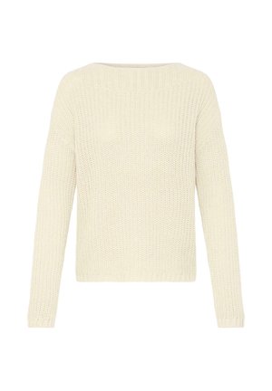 Crème-kleurige gebreide trui met een brede halslijn, lange mouwen en een gestructureerd patroon. Ribbelige zomen aan de mouwen en onderrand.