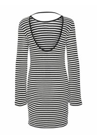 Robe à manches longues rayée noir et blanc avec un col en V profond et une texture côtelée. Le design présente des rayures alternées pleines et en contour.