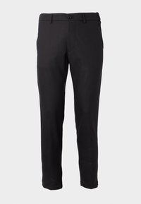 Zwarte broek van gladde stof; heeft een knoopsluiting, riemlussen en een recht gesneden pijp. Eenvoudig ontwerp zonder patronen.