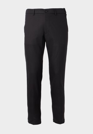Black trousers made of smooth fabric; features a button closure, belt loops, and a straight-leg cut. Simple design without patterns.