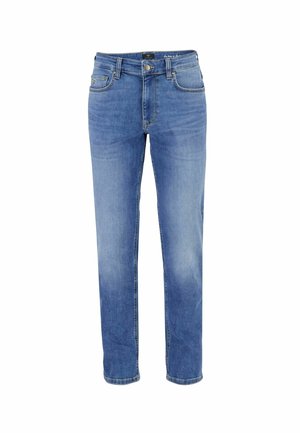 Blaue Jeans aus Denim mit klassischem Fünf-Taschen-Design, Vorderknopf und Reißverschluss, von vorne auf weißem Hintergrund dargestellt.