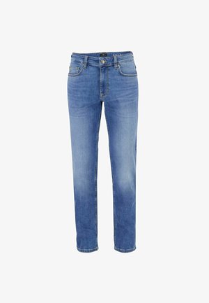 Blå denimjeans med klassisk fem-lomme-design, frontknap og lynlåslukning, vist fra fronten på en hvid baggrund.