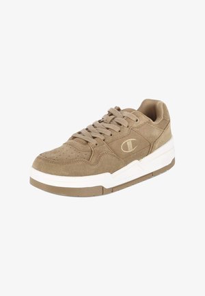 Brown suede sneaker with a white rubber sole, round toe, padded collar, and logo detail on the side. Features perforations for ventilation.