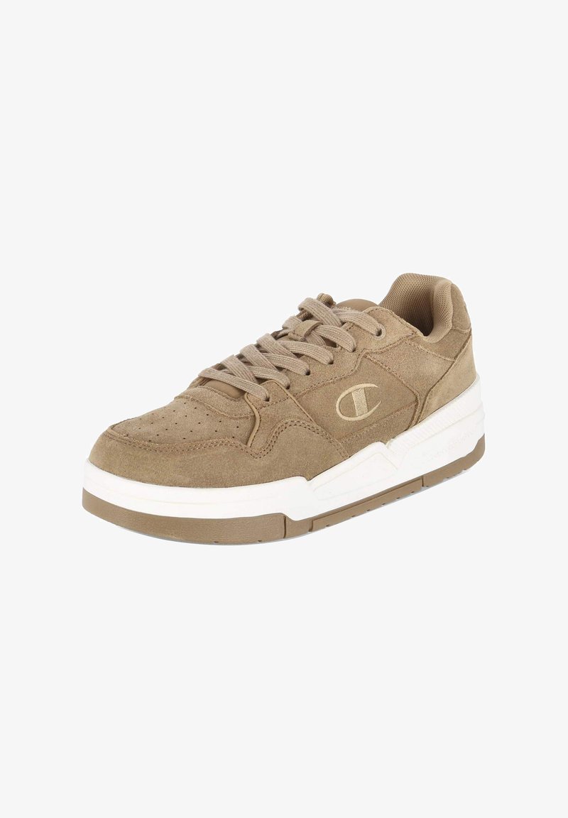 Brauner Wildleder-Sneaker mit weißer Gummisohle, rundem Zehenbereich, gepolstertem Schaft und Logodetail an der Seite. Verfügt über Perforationen zur Belüftung.