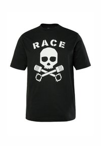 Sort bomulds T-shirt med en hvid grafik af et kranie med vægte og ordet "RACE" i fed skrift over designet.