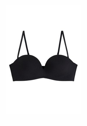 Sort bh med en glat stoffinish, formede kopper og tynde justerbare stropper. Har et enkelt design uden udsmykninger.