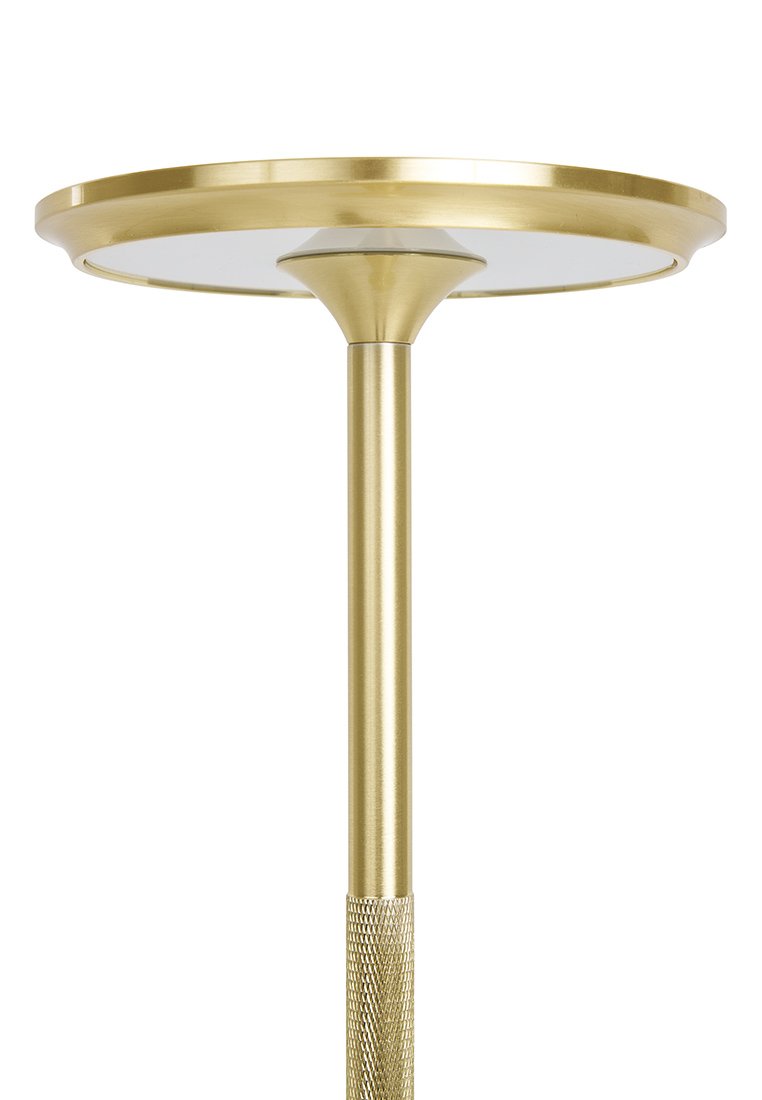 Goldfarbener Metalltisch mit runder Tischplatte und schlankem zylindrischen Fuß. Texturierter Griffbereich am Säulenfuß. Glatte Oberfläche, minimalistisches Design.