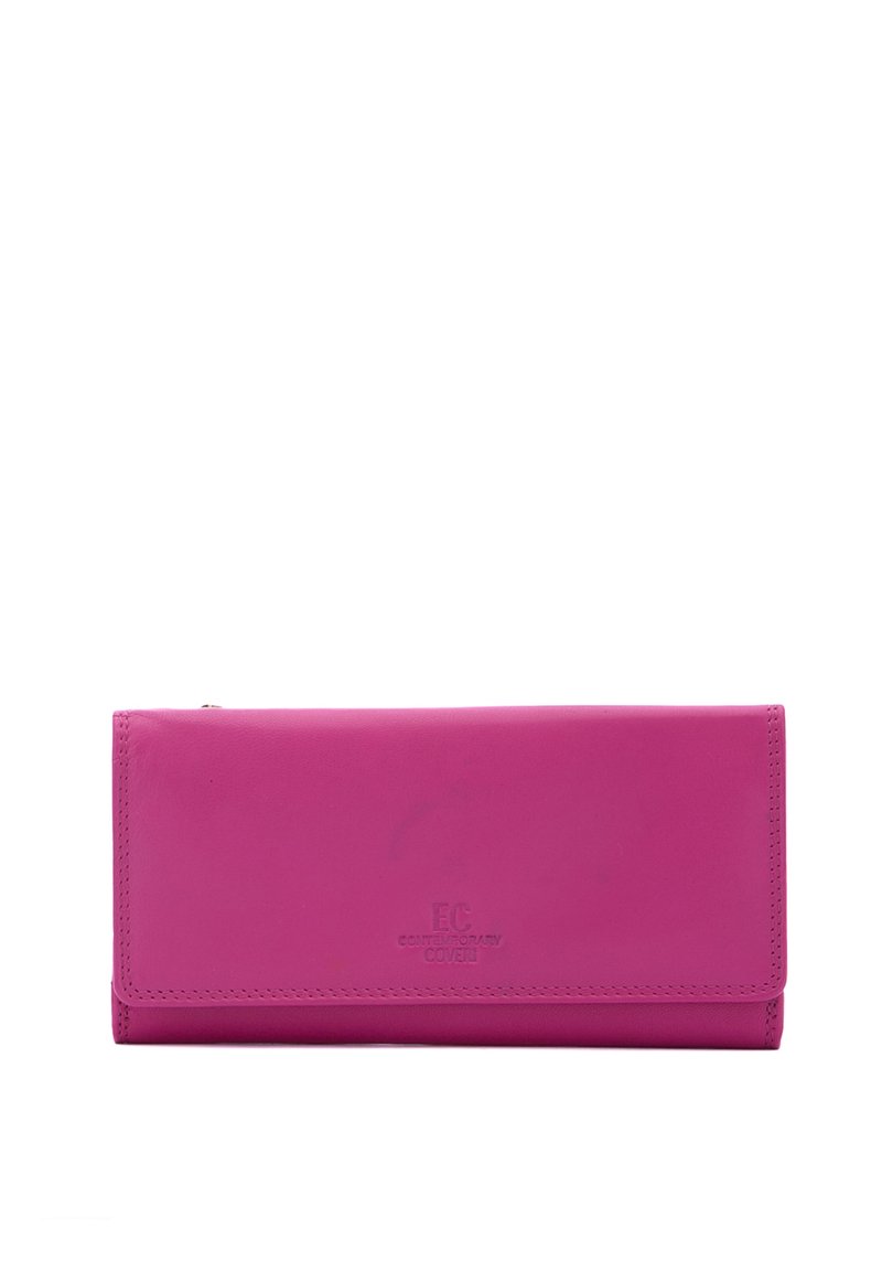 Portafoglio in pelle rosa con una texture liscia, dotato di chiusura a pattina e marchio in rilievo. Forma rettangolare con bordi cuciti.