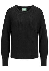 Maglione nero lavorato a maglia con scollatura rotonda, polsini e orlo a costine. Presenta un tessuto testurizzato e un'etichetta del marchio verde sul colletto.