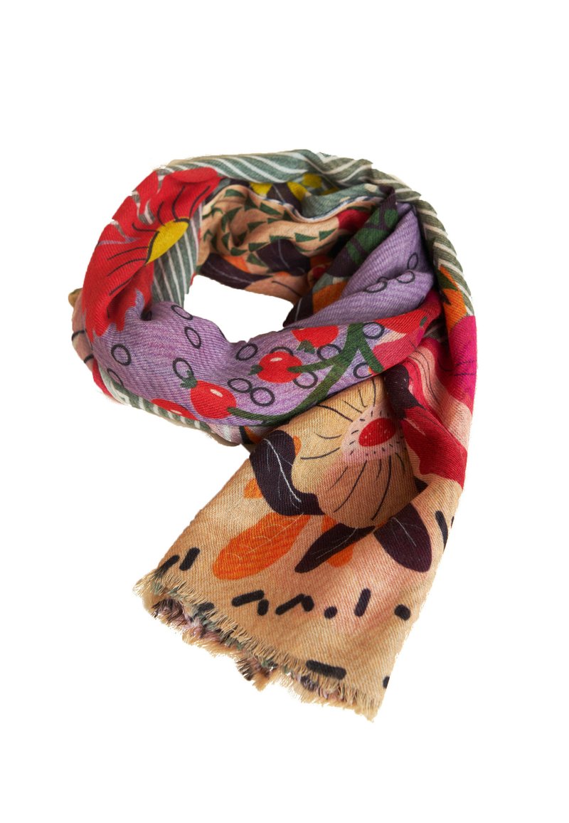 Colorful scarf with floral and berry patterns, featuring red, purple, beige, and green tones, folded with fringed edges visible.
