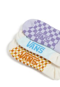 Drei Paare Vans-Socken in Pastellfarben: lavendelfarben mit Karomuster, hellblau und gelb mit Karomuster, jeweils mit kontrastierenden Markenlogos.